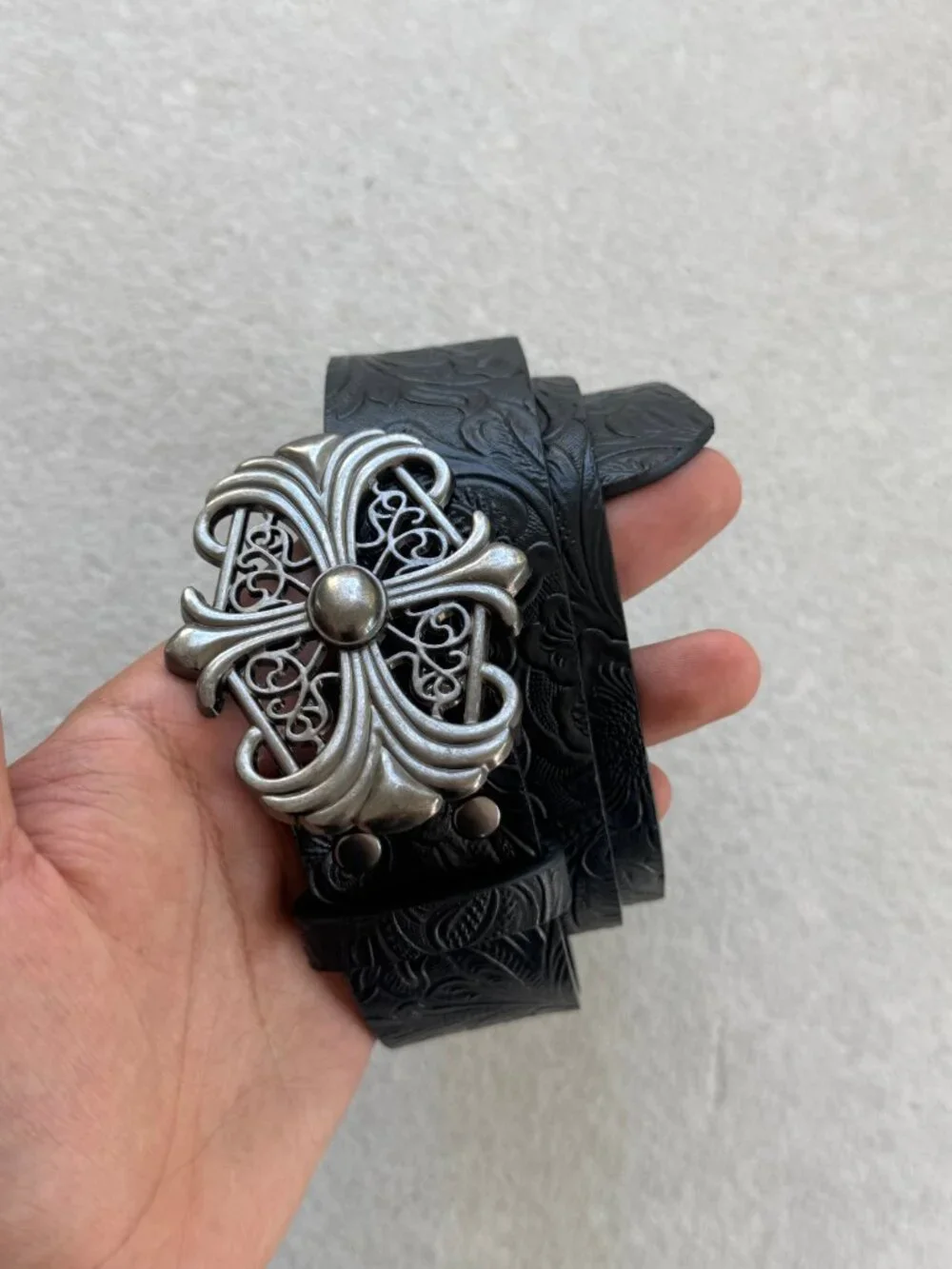 Black Floral Embossed Gothic Filigree Cross Belt